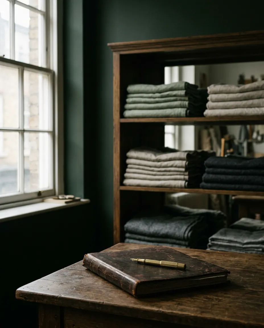 Folded linen and wool on showroom shelves, with a leather order book and brass pen in front.