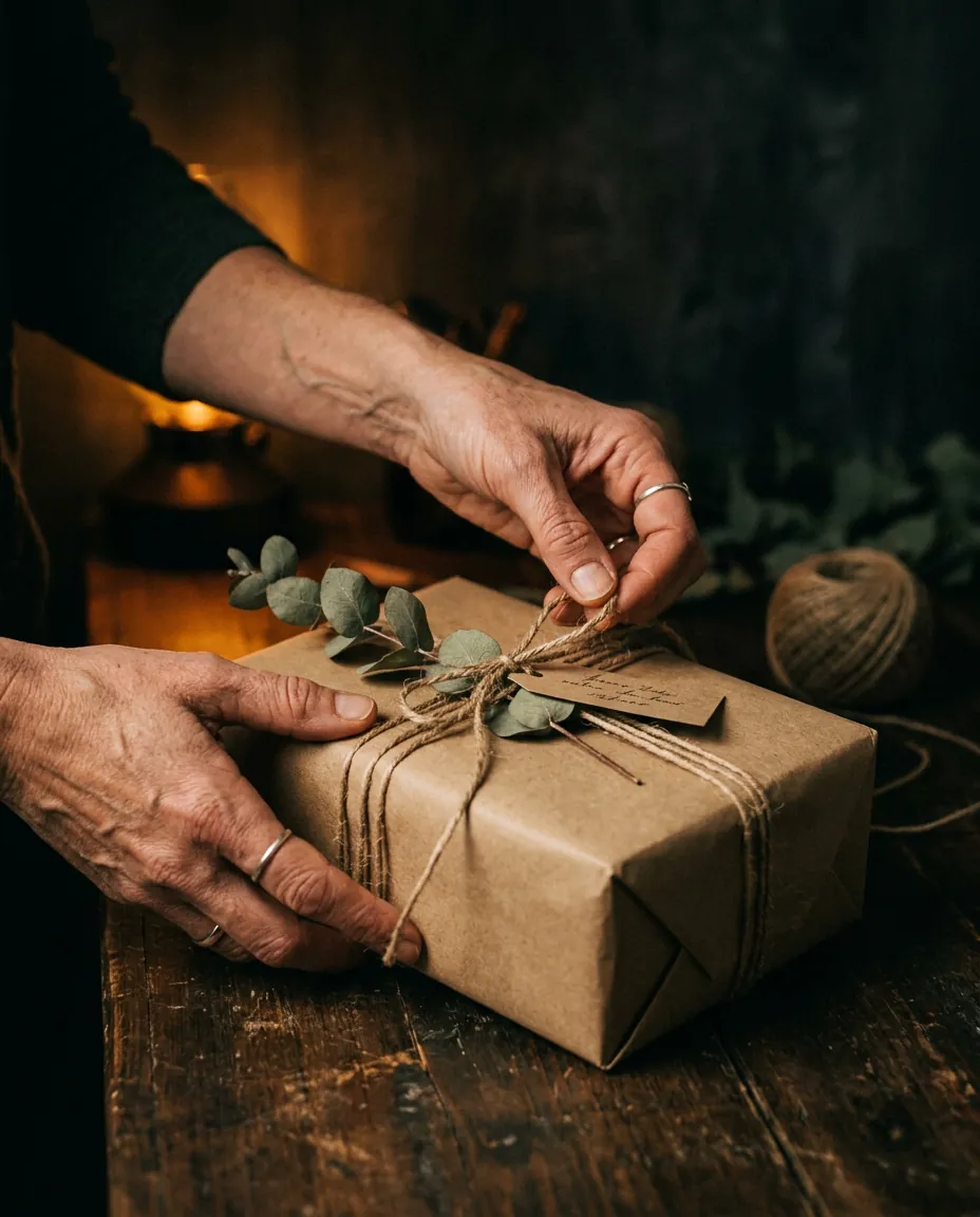 Hands tying twine around a kraft-paper gift with a sprig of eucalyptus and a handwritten tag.