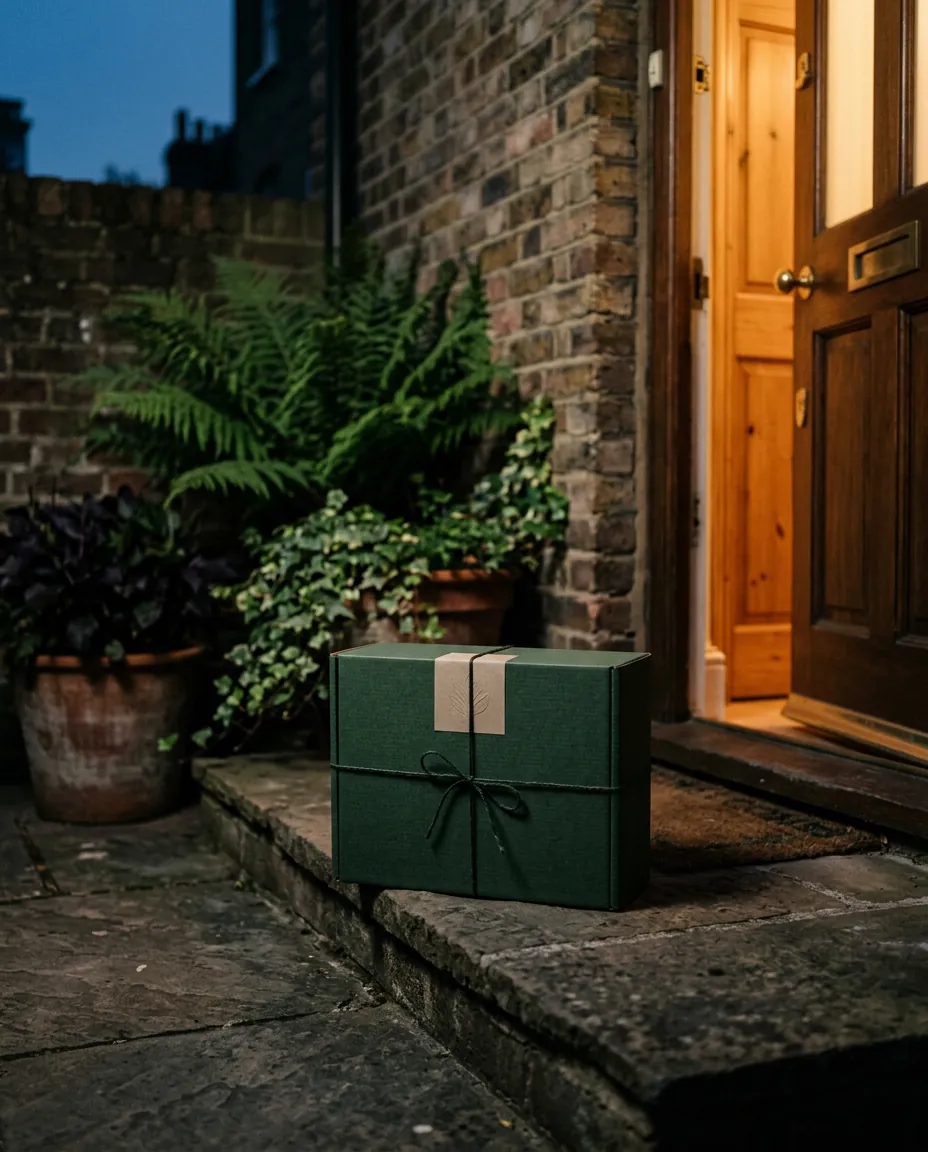 A dark green delivery box on a front doorstep at dusk with a membership card on top.