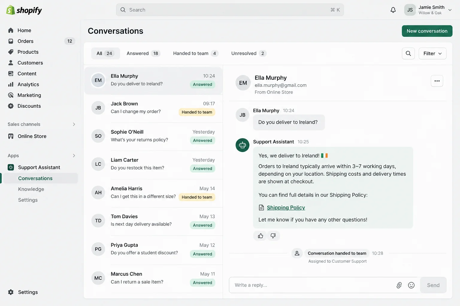 Admin conversation list and a transcript answering a delivery question for Ireland.