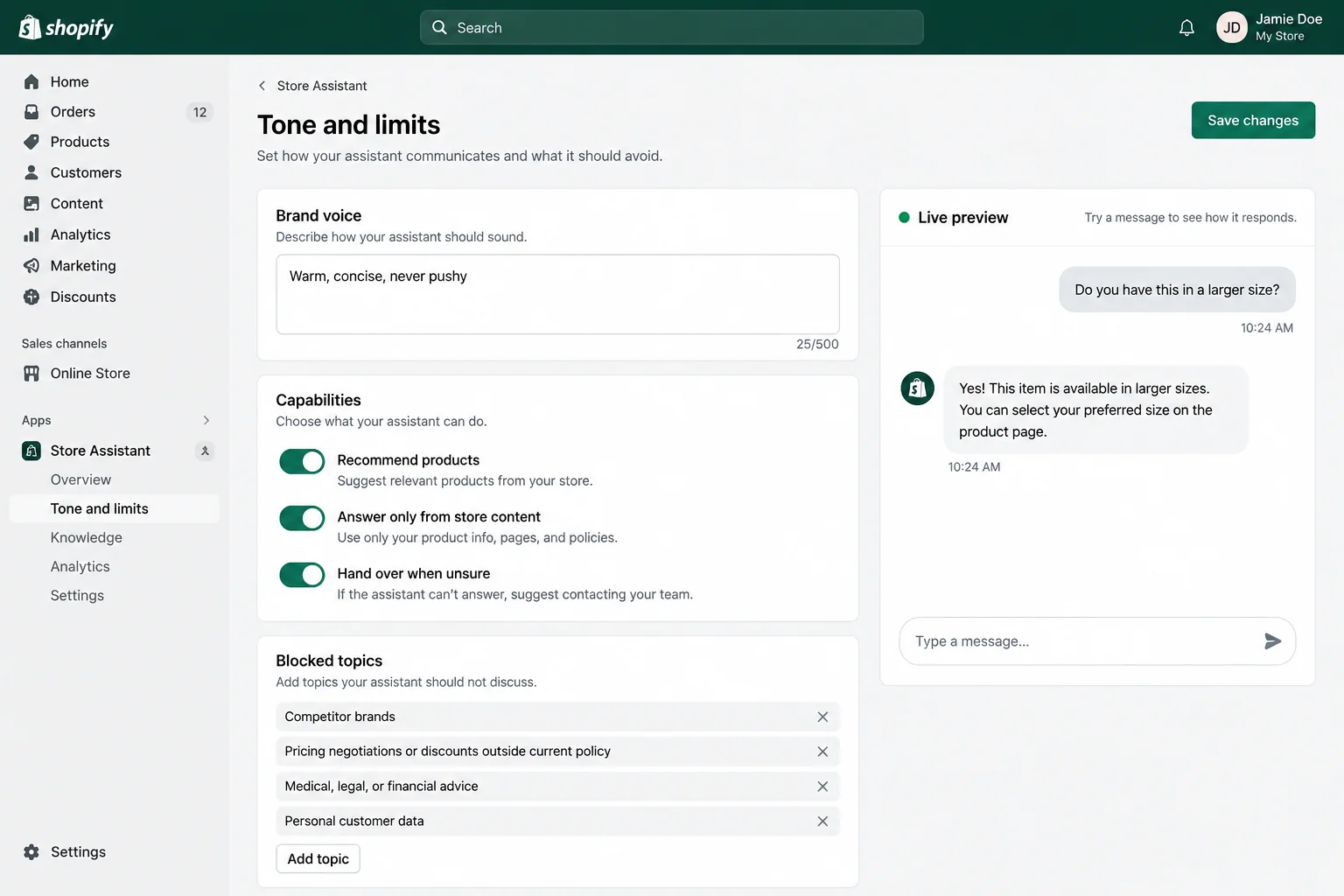 Admin tone and limits page with brand voice, capability toggles, blocked topics and a live preview.