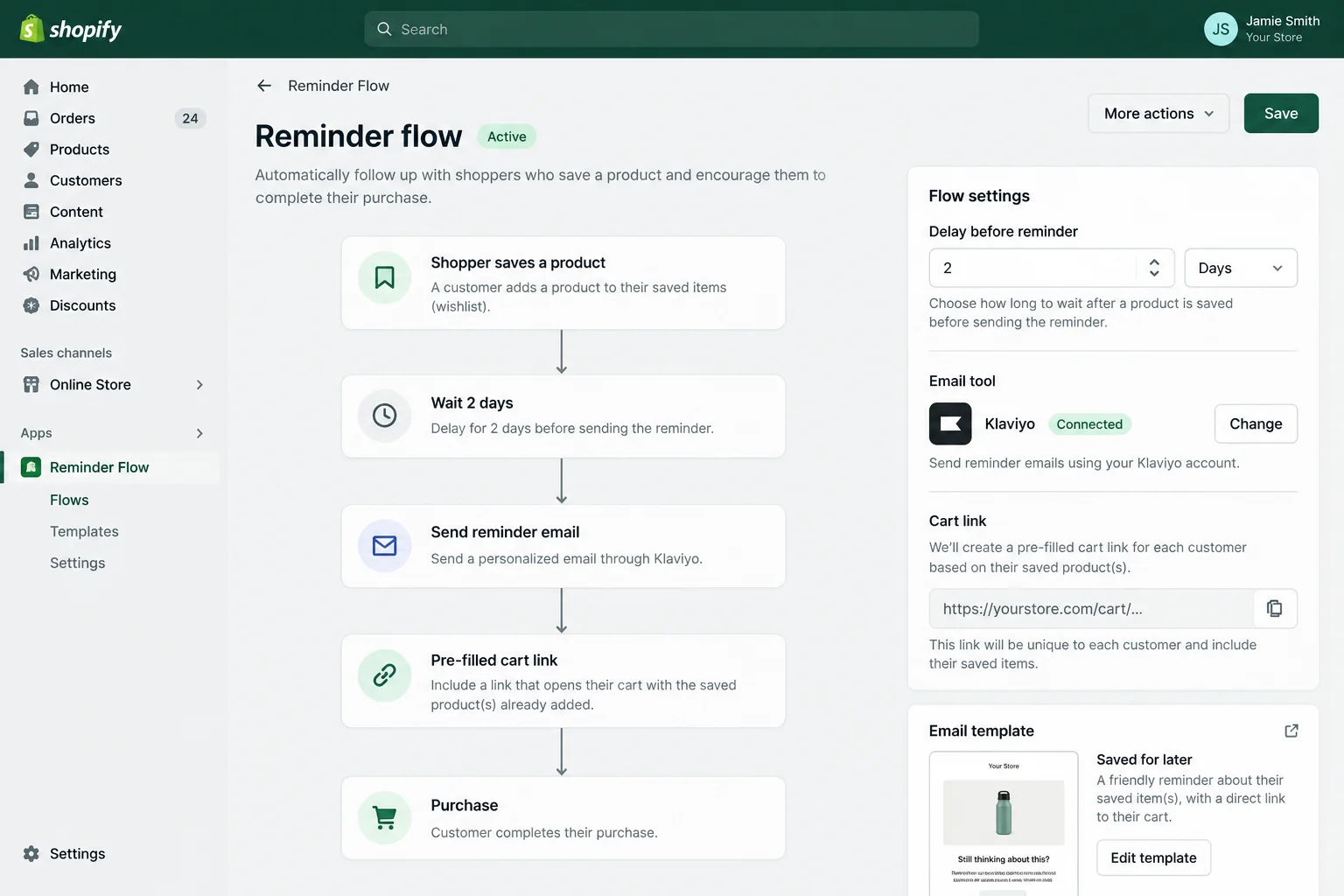 Admin flow editor: shopper saves a product, waits two days, receives an email with a pre-filled cart link.