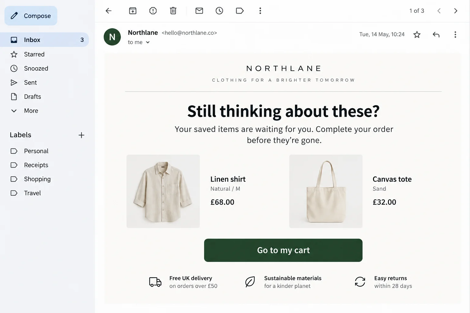 Reminder email in an inbox with two saved products and a go to my cart button.