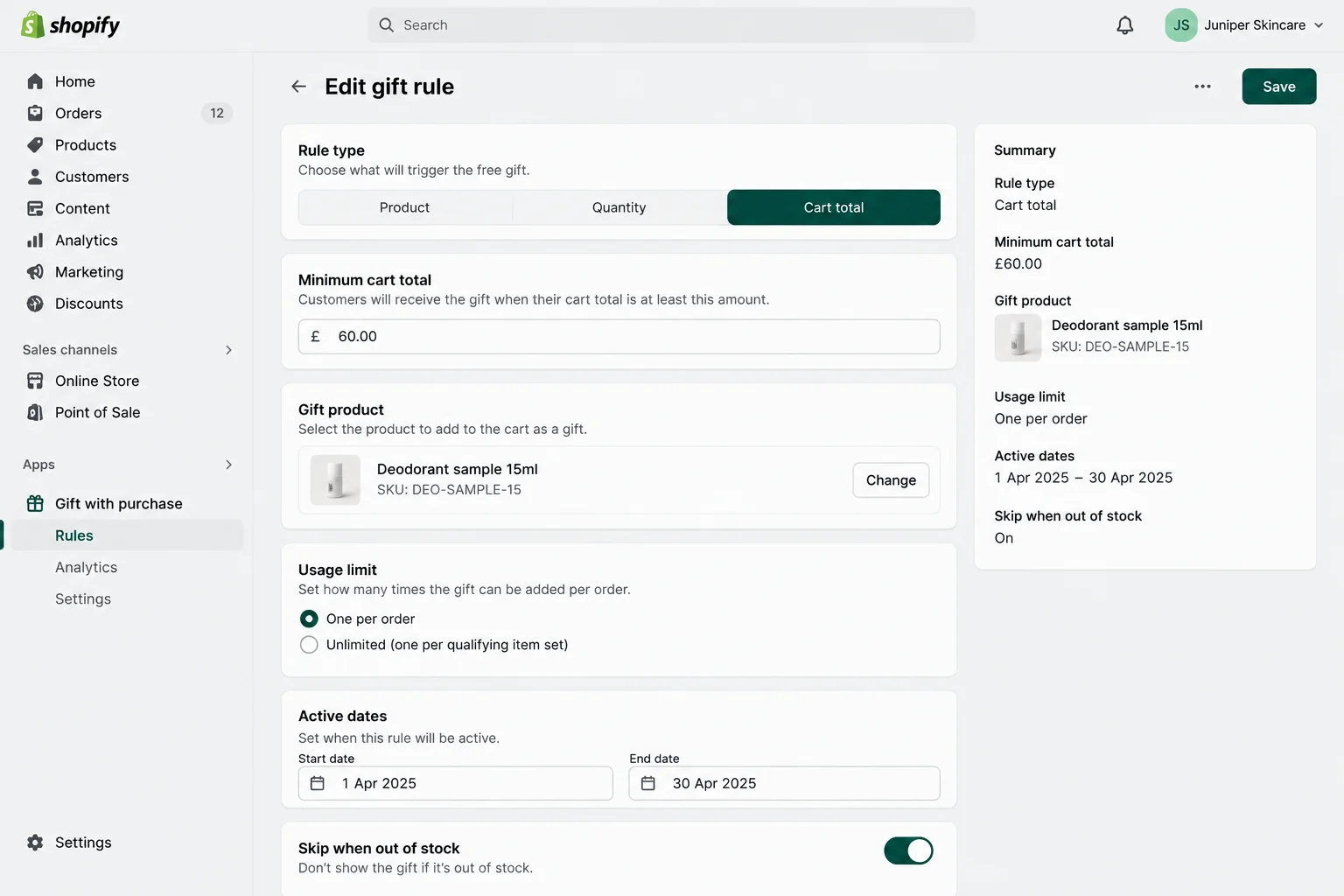 Admin form for a cart total gift rule with minimum total, gift product, usage limit and dates.