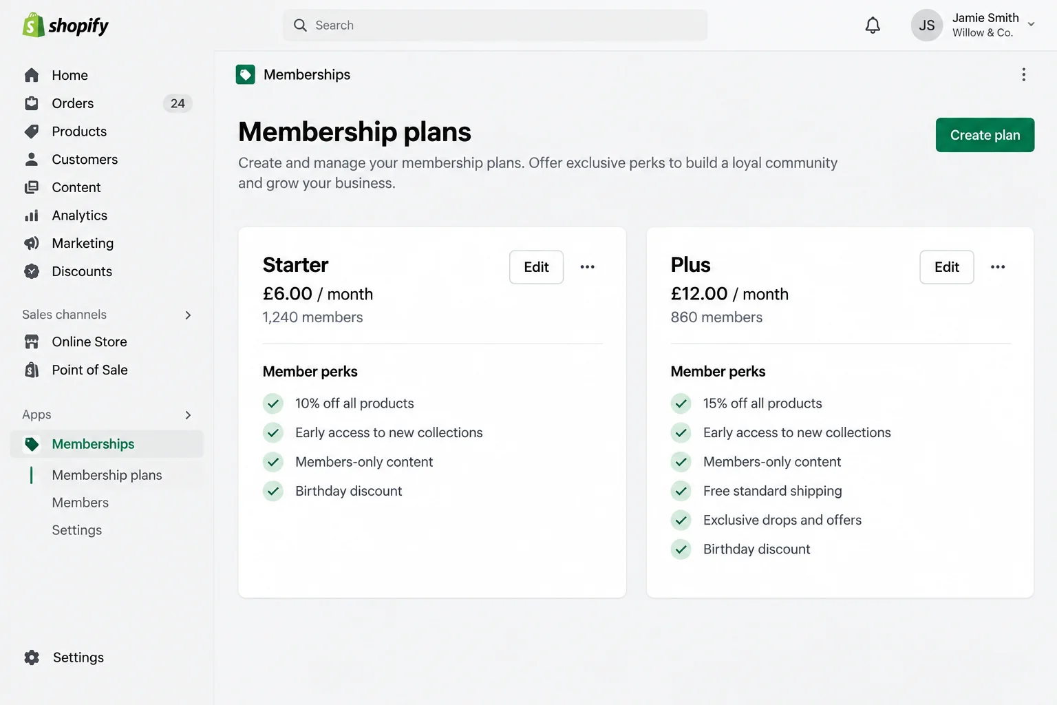 Admin page listing Starter at £6.00 a month and Plus at £12.00 a month, with perks and member counts.