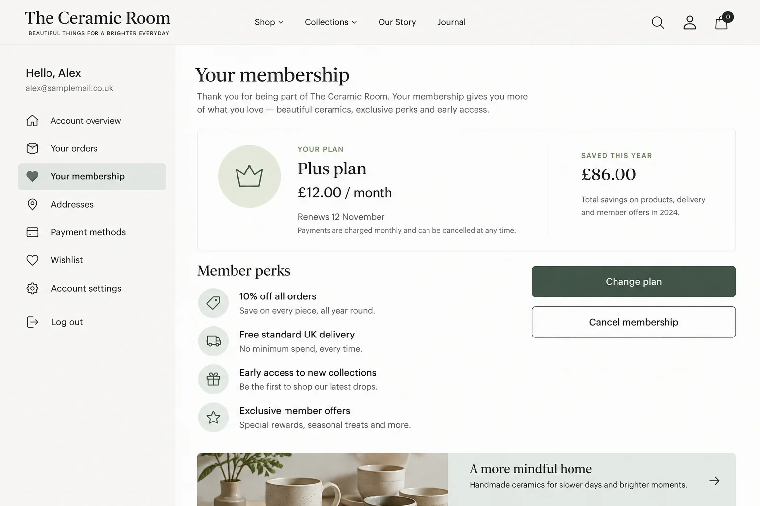 Storefront account page showing a Plus plan at £12.00 a month, £86.00 saved this year and a cancel membership button.