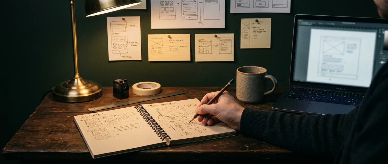 A hand sketching an app wireframe in a notebook at a dark wooden desk, with interface sketches pinned to a green wall behind and a laptop beside it